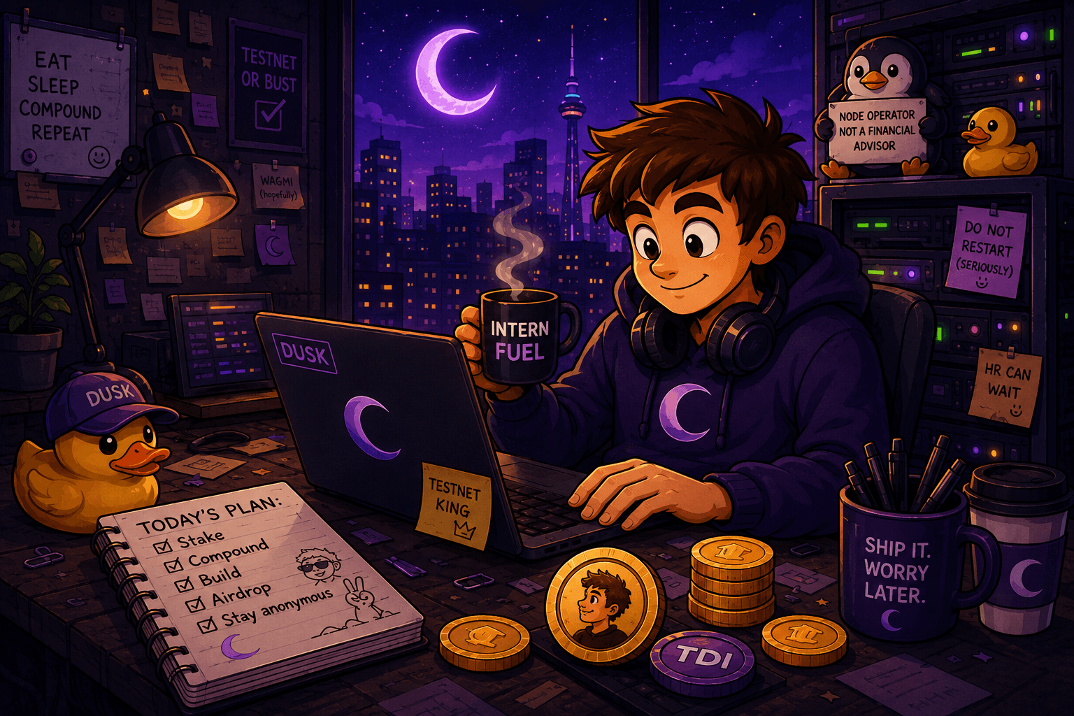 The Dusk Intern working late at his desk